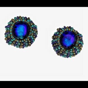 Hand beaded royal blue glass cabs turquoise gold glass bezel pierced earrings